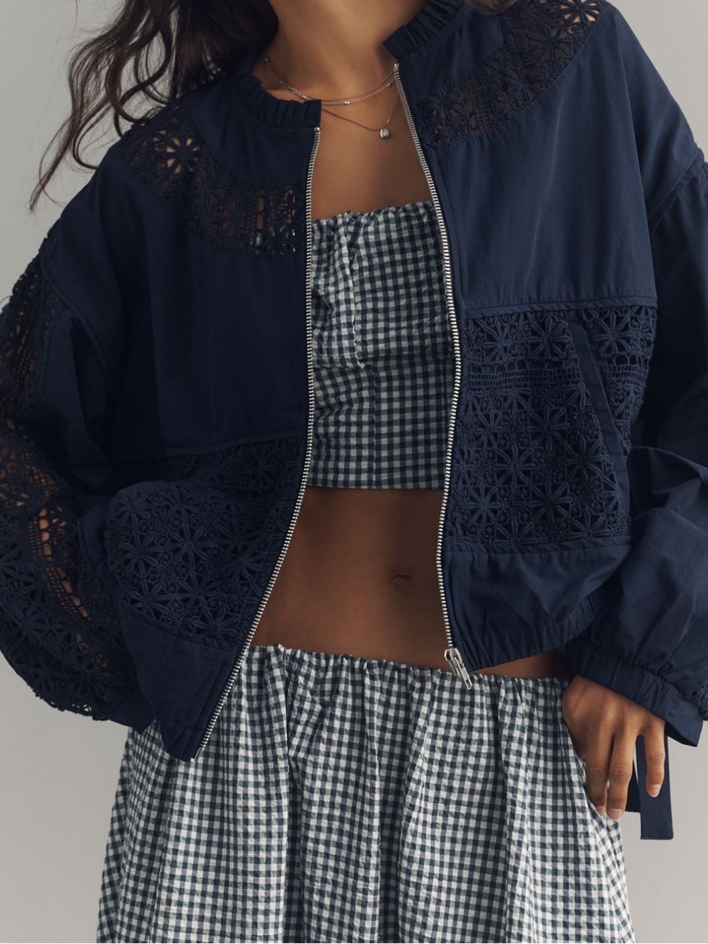 Anthropologie Navy Lace-Panel Bomber Jacket - Women's